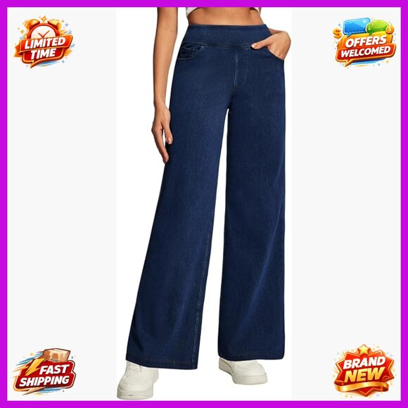 High Waist Wide Leg Pull On Jeans Stretchy Straight Leg Denim Pants
